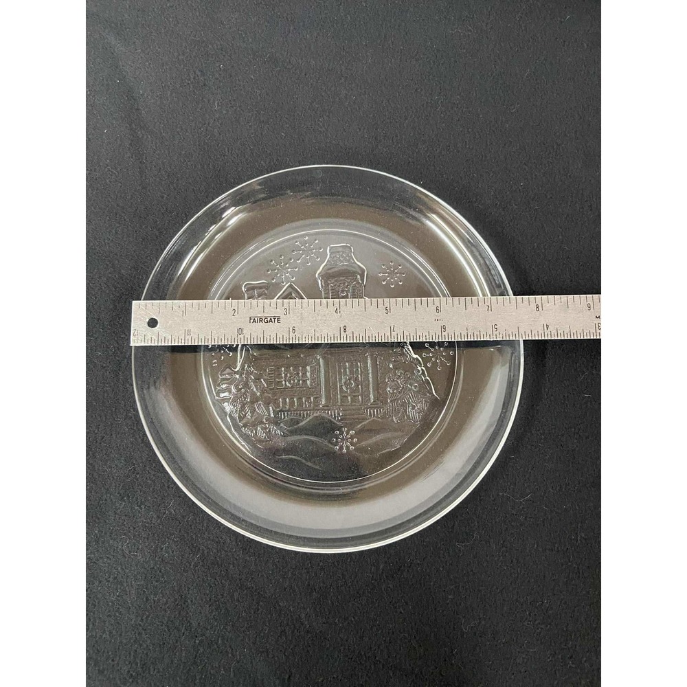 Avon‎ Clear Glass Embossed Christmas Cottage Plates 7 Plates Holiday Decor